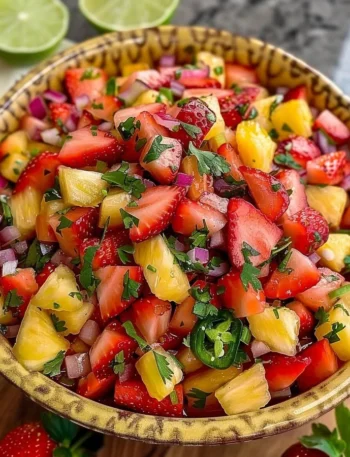 Refreshing Strawberry Pineapple Salsa 1 Bowl of refreshing strawberry pineapple salsa with fresh ingredients.