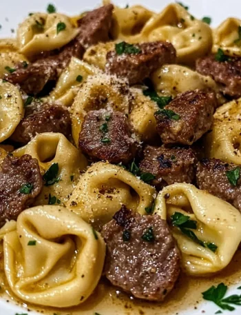 Savory Cheesesteak Tortellini 1 Delicious plate of savory cheesesteak tortellini topped with herbs and cheese